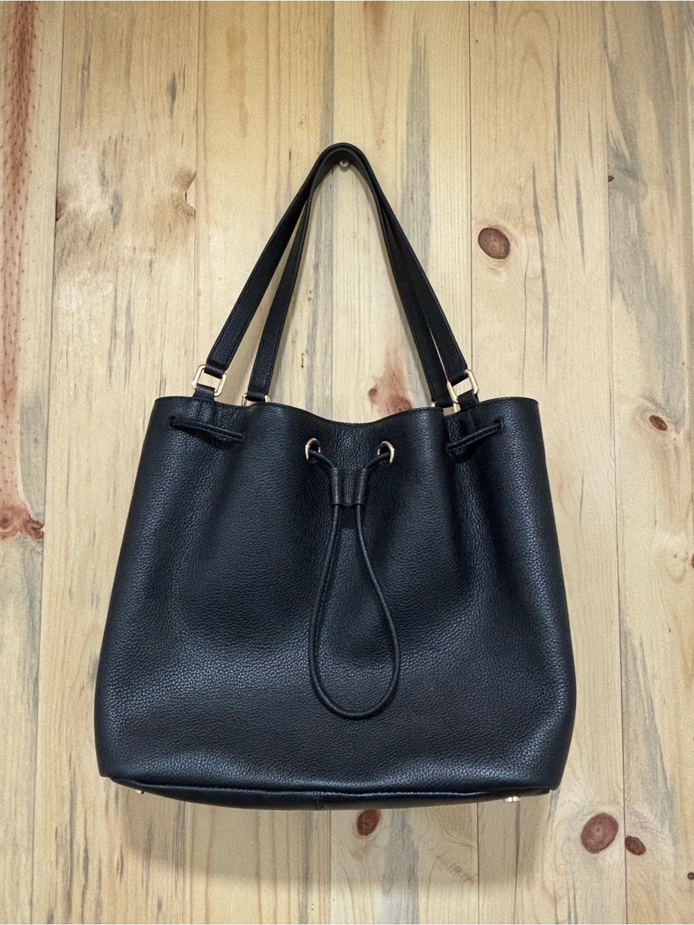 Quince Black Pebbled Drawstring Shoulder Tote